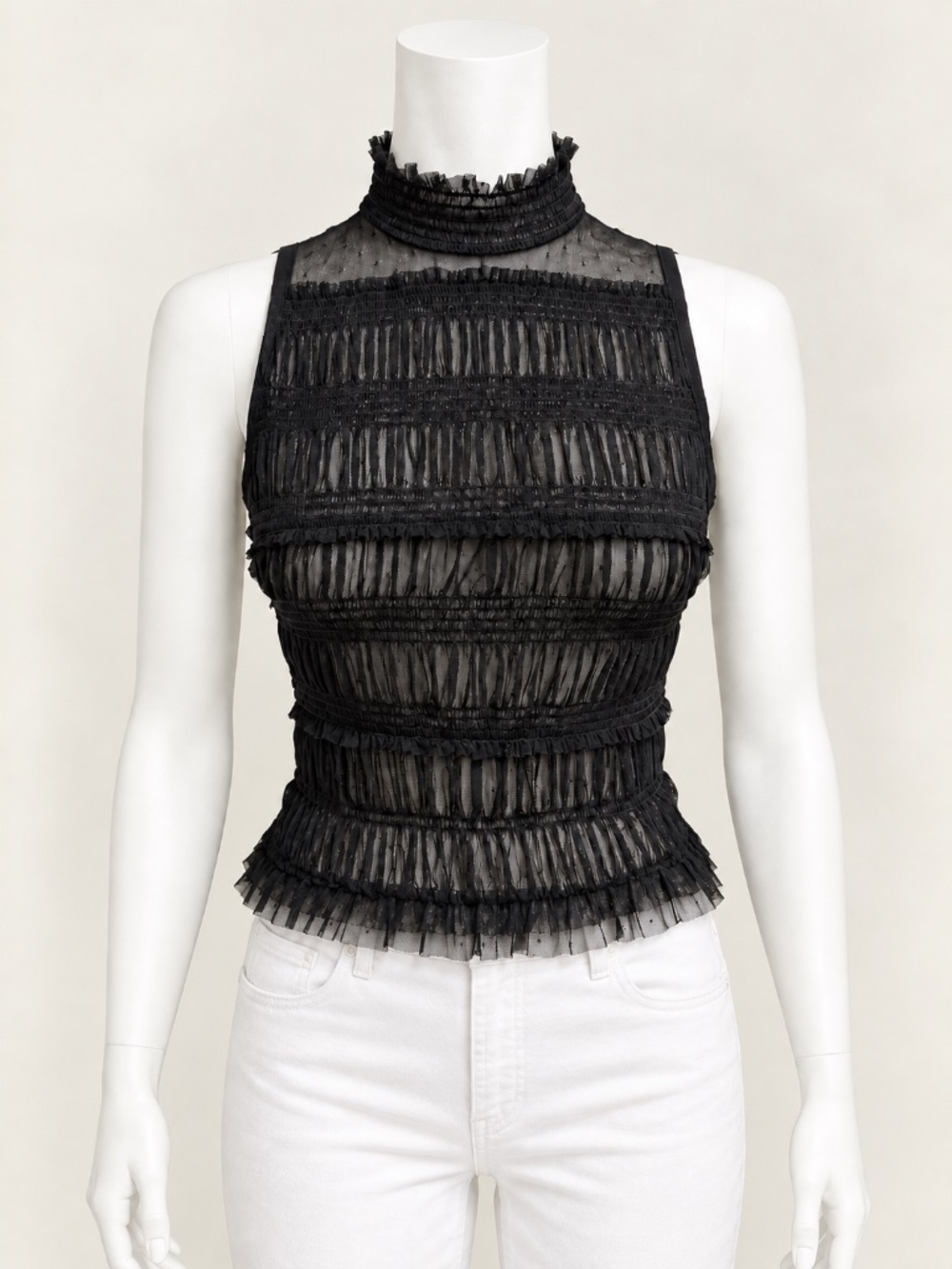 Forever 21 Black Sheer Mesh Ruffle High Neck Sleeveless Top Size S